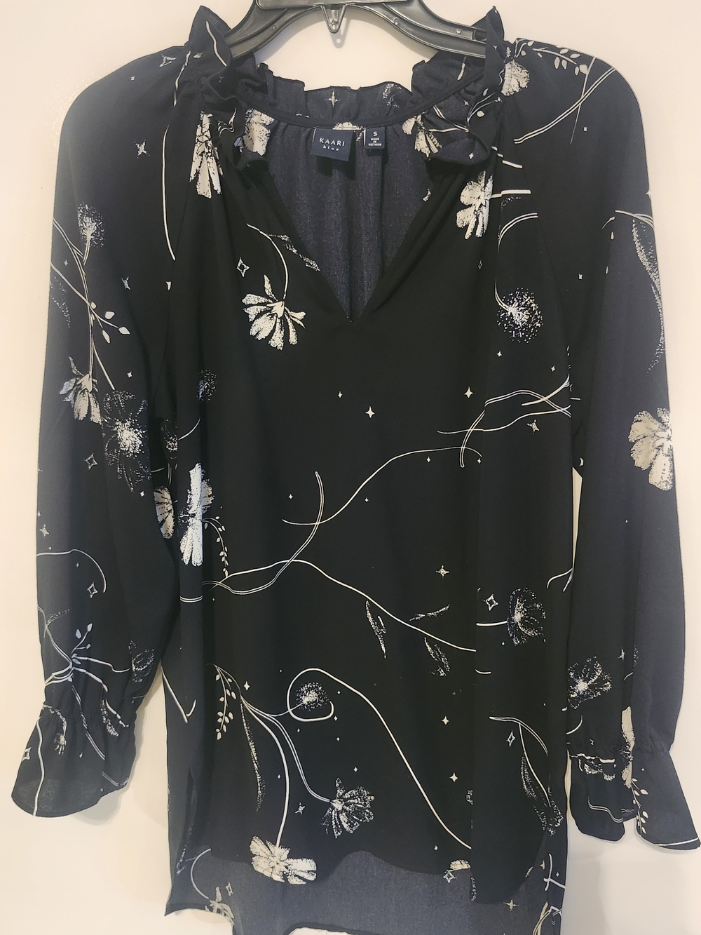 Kaari Blue Black Floral-Print Ruffle Tie-Neck Blouse